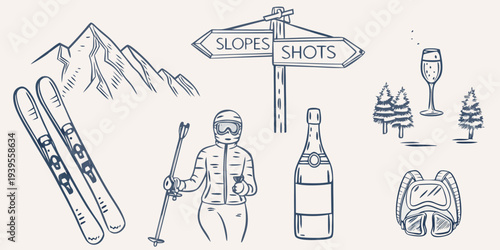 A whimsical sketch depicting elements of skiing celebration and winter scenery