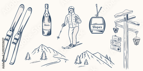 Sketch of a skier with winter sports equipment and mountainous scenery