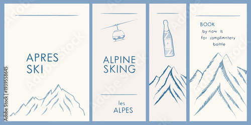 Four panels depicting apr s ski alpine skiing and mountain imagery