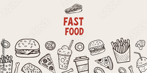 A colorful doodle illustration of various fast food items and text