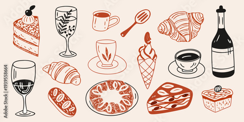 A collection of hand drawn pastries drinks and sweet treats