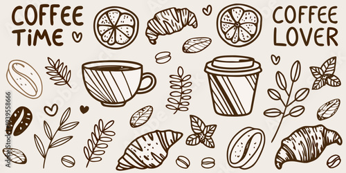 Coffee themed doodle illustration with pastries beans and leafy elements