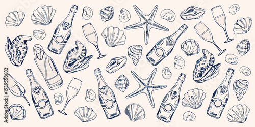 Vintage sketch of seashells champagne bottles and starfish on beige