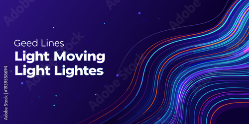 Abstract colorful light trails sweeping across a dark purple background