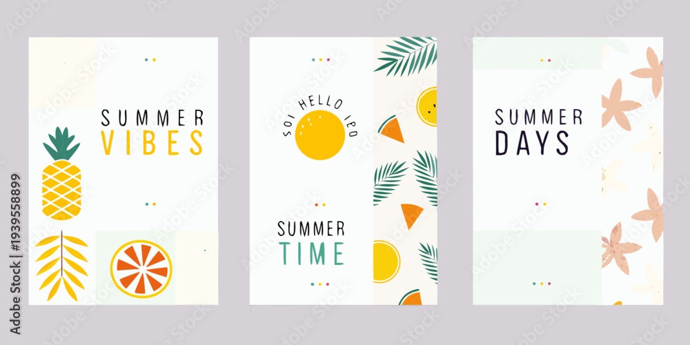 Naklejka premium Three vibrant summer themed designs with tropical fruits and text