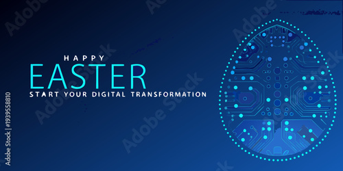 Happy easter graphic with a digital circuit board egg design