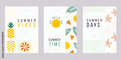Three vibrant summer themed designs with tropical fruits and text