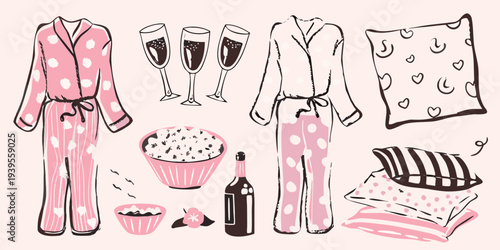 Cozy night in pajamas champagne snacks and relaxing comforts depicted