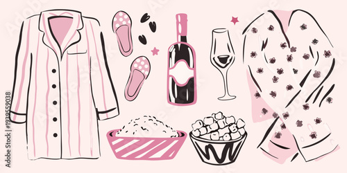 A charming illustration of sleepwear wine snacks and relaxed evening items