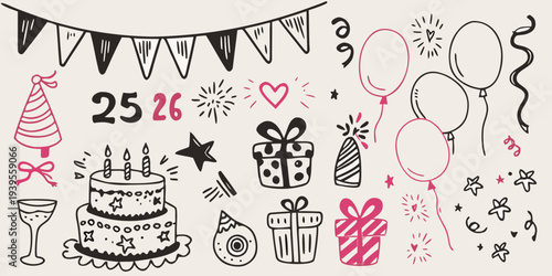 Festive hand drawn illustration with birthday elements and celebratory decorations