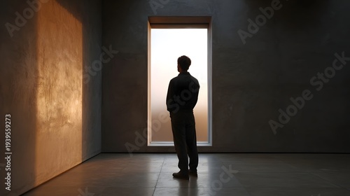 Wallpaper Mural A solitary figure stands in a minimalist room looking towards a tall window with dramatic light and shadow Torontodigital.ca