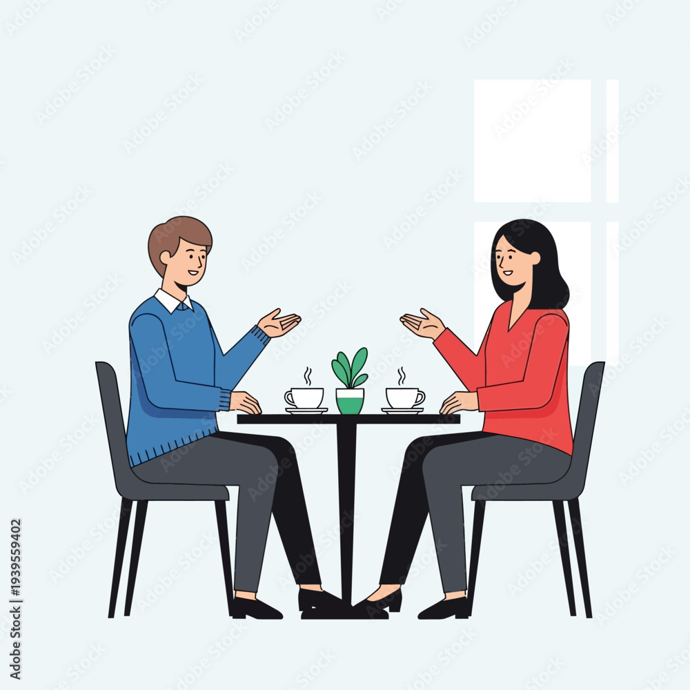 Obraz premium Couple enjoying coffee conversation at a cafe table with plant and window background