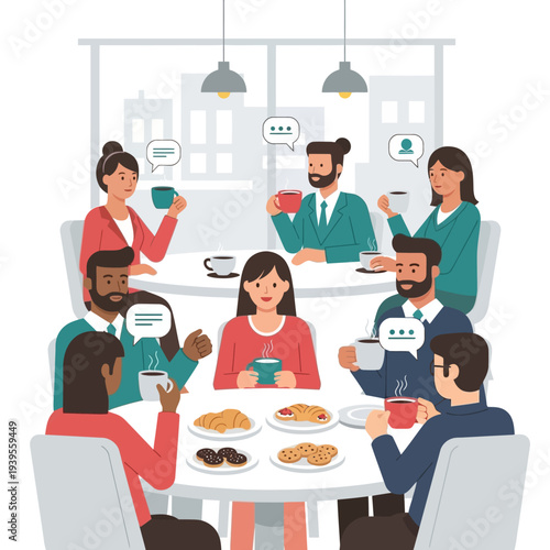 Diverse group of people enjoying coffee and pastries at a meeting table