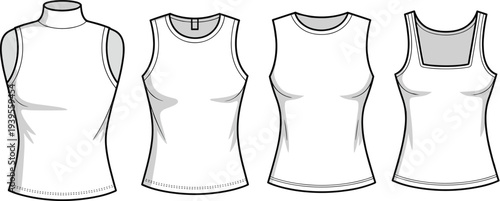 Four Different Styles of White Tank Tops with Gray Accents and Lines tank white sleeveless clothing