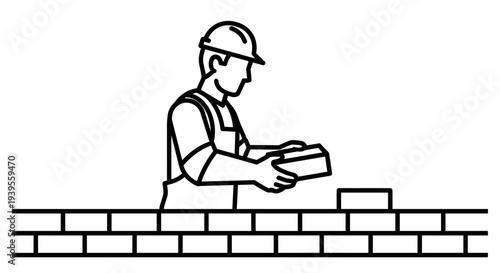 Construction Worker Building Brick Wall.