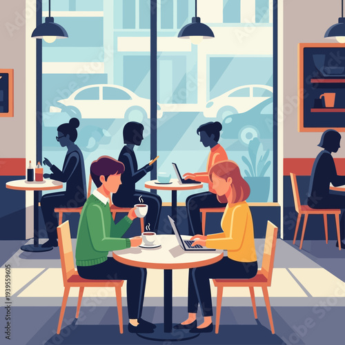 People working and relaxing in a bright, modern cafe with laptops and coffee