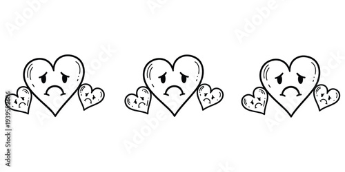 Three sad hearts with hands on their cheeks expressing disappointment and sadness