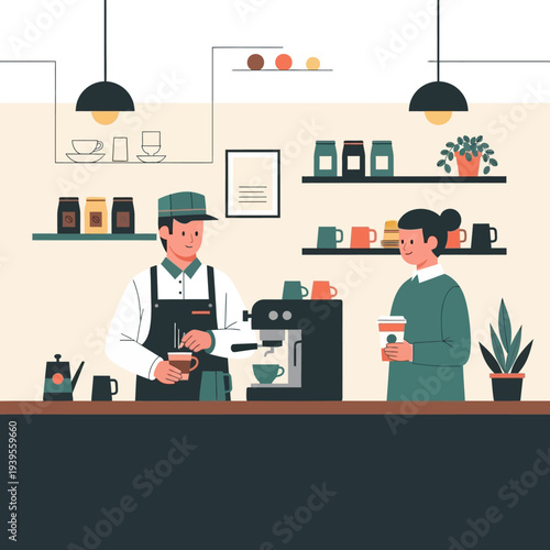 Barista making coffee for customer in cafe, coffee shop interior, serving hot drinks