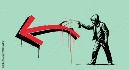 Street Artist Painting Red Arrow Symbol.