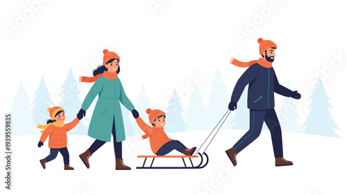 Happy family with two young children enjoys a fun winter day outdoors in the snow while the father pulls his son on a wooden sled.