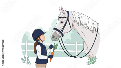 Young girl in professional equestrian gear and helmet lovingly feeds a fresh carrot to a beautiful white horse at a farm stable.
