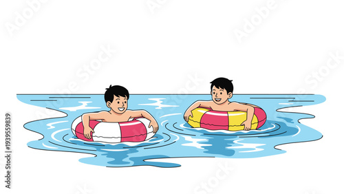 Two cheerful young boys enjoy a refreshing swim in the blue water using colorful inflatable rings for safety and fun during summer.