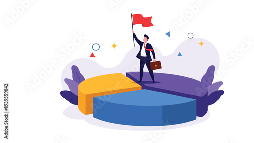 Ambitious businessman stands triumphantly on top of a giant three dimensional pie chart while holding a red flag for market success.