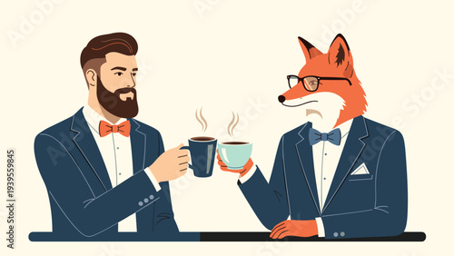 Professional man and a sophisticated fox wearing business suits and bow ties share a friendly conversation over cups of hot coffee.