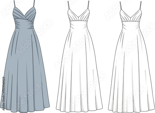 Three Long Dresses with V- Neck and Straps in Blue and White v-neck blue dress