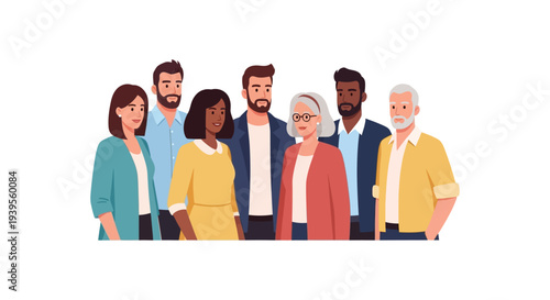 Diverse Business Team and Community Group Illustration - Multi-Ethnic, Multi-Generational People Standing Together