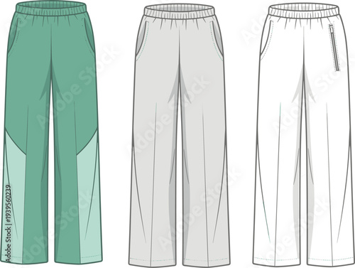 Three pairs of wide-legged pants with different details and colors including green and white elastic waistband