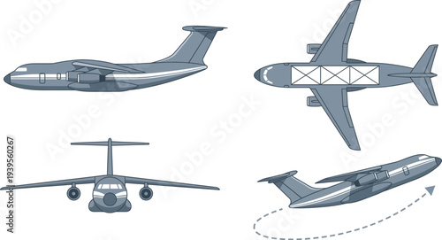 Modern heavy lift cargo plane illustrations with high wing configuration T tail in cool gray white for transport aviation branding design