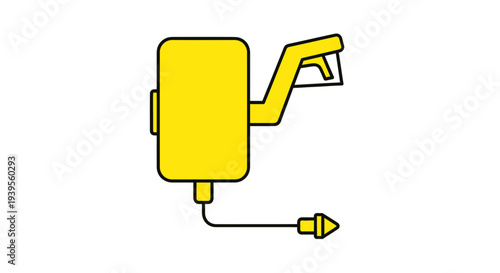 Yellow gas pump nozzle with hose and dispenser icon, simple flat vector illustration