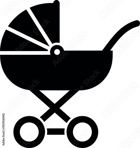 Black silhouette of a vintage baby pram with a curved handle and four wheels on a white background