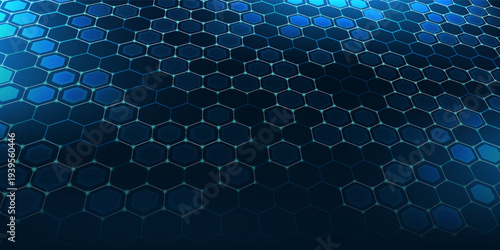 Abstract hexagon blue background banner futuristic business data technology modern concept, polygon shape lines connecting link dark blue contrast