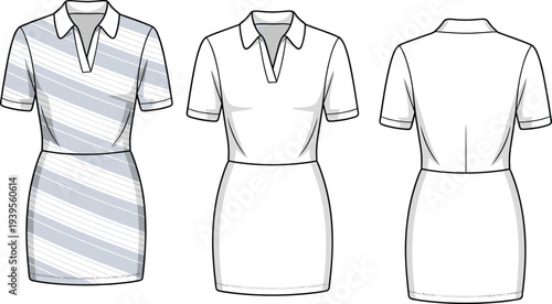 Three Women's Dresses with Short Sleeves and Diagonal Stripes in Gray and White women's clothing