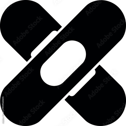 Two black adhesive bandages crossed over a white background forming an x shape medical first aid