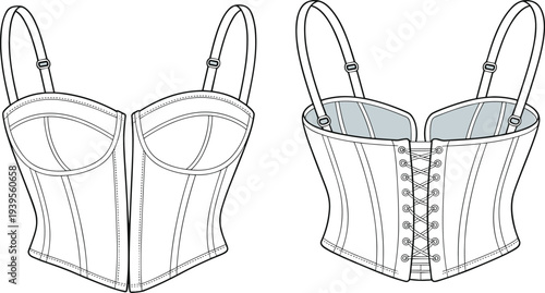 Two Corsets with Straps and Boning Channels Shown in Open and Closed Positions strapped