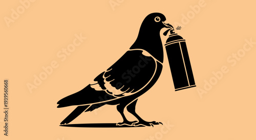 Pigeon Holding Spray Paint Can Silhouette.