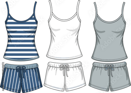 Three women's tank tops and shorts sets in blue, white, and gray colors with striped and solid patterns