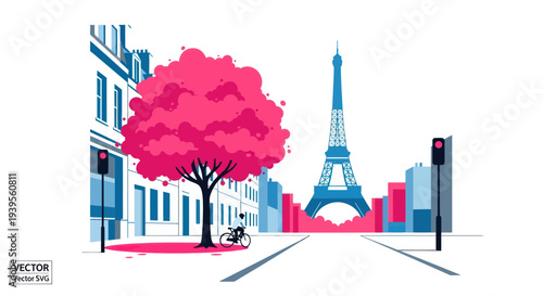 Parisian street scene with Eiffel Tower, blooming tree and cyclist