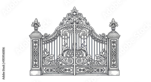 Ornate wrought iron gate, classic architectural detail, elegant entrance, decorative metalwork, vintage style