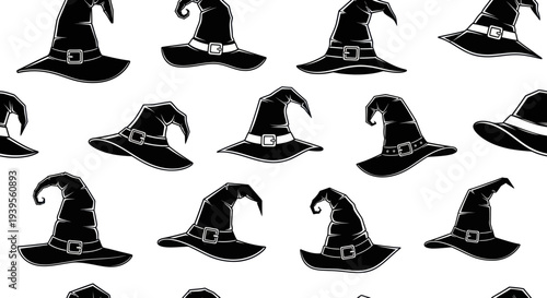 Seamless Pattern of Black Witch Hats on White Background, Halloween Theme