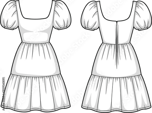 Two White Dresses with Puffed Sleeves and Tiered Skirts Shown from Back and Front View back view