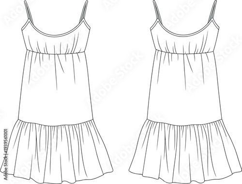 Two White Tank Dresses with Ruffled Hem and Spaghetti Straps Drawn in Black and White Line white dress