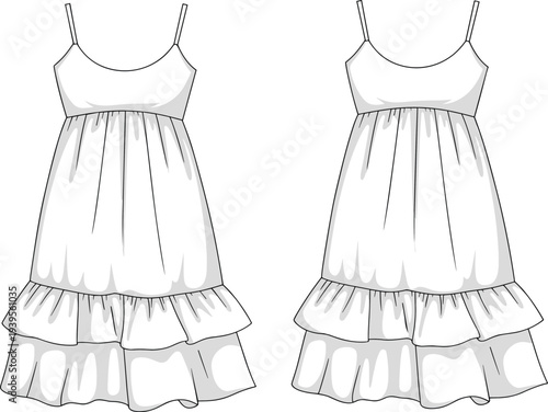 Two White Tank Dresses with Tiered Ruffles Shown from Front and Back Views