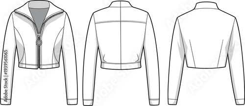 White cropped jacket with zipper and button details shown from front and back views