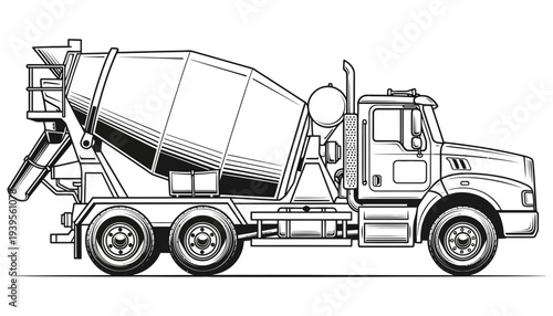 Detailed black and white illustration of a heavy duty construction cement mixer truck designed for commercial concrete transport and delivery tasks