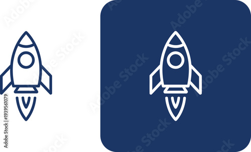 Blue rocket ship on white and dark blue background