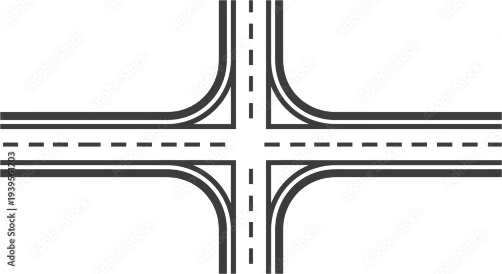 Fototapeta premium Intersection of four roads with curved corners and dashed markings illustration